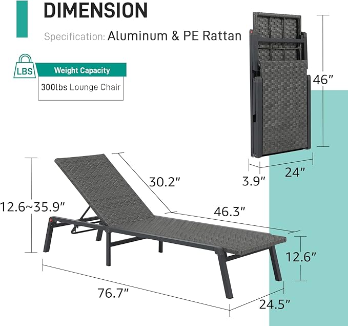 Patiorama Patio Chaise Lounge Set of 4, Aluminum Outdoor Folding Lounge Chair, All-Weather PE Rattan Wicker Adjustable Reclining Lounge Chair for Outside,Portable Sun Lounger for Beach Lawn Pool-Grey