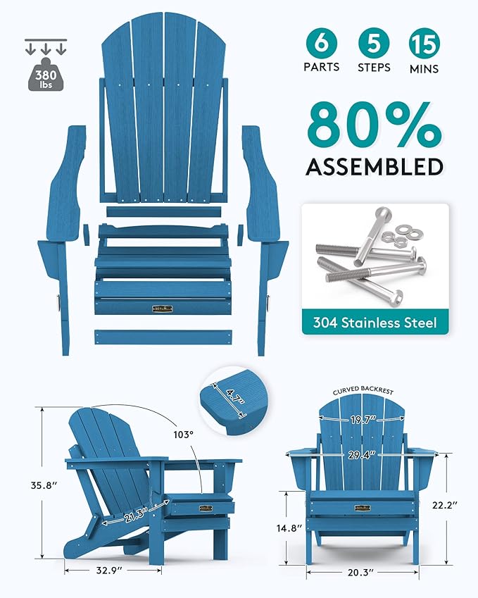 SERWALL Folding Adirondack Chair Set of 8 for Patio Garden Outdoors Fire Pit- Sapphire