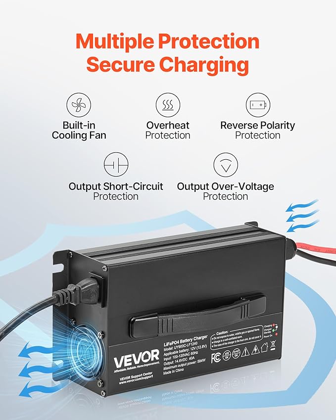 VEVOR 12V 40A Lithium Battery Charger, 14.6V, AC-DC LiFePO4 Smart Charger, with Anderson Connector, LED Indicator, 0V Activation, for Lithium LiFePO4 Deep Cycle Rechargeable Batteries of Boat, RV