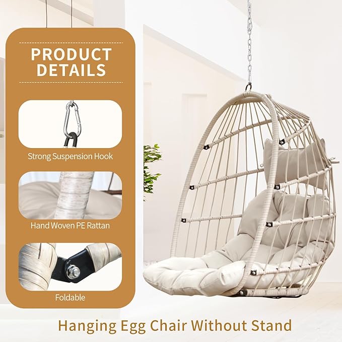 Nicesoul Outdoor Hanging Egg Chair Without Stand, Patio Wicker Swing Egg Basket Chairs with Padded Cushion, 350 Lbs Comfy Cozy Ceiling Tree Swinging Egg-Shaped Chair No Stand for Indoor Balcony, Beige