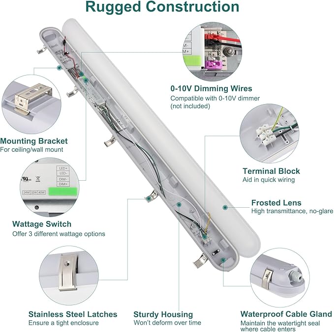 kadision 4FT Vapor Tight LED Light Fixture 40W/32W/24W Adjustable Light Output, 4800lm 5000K 100-277V, 0-10V Dimmable Vapor Proof LED Light for Car Washes Parking Garages, UL Listed