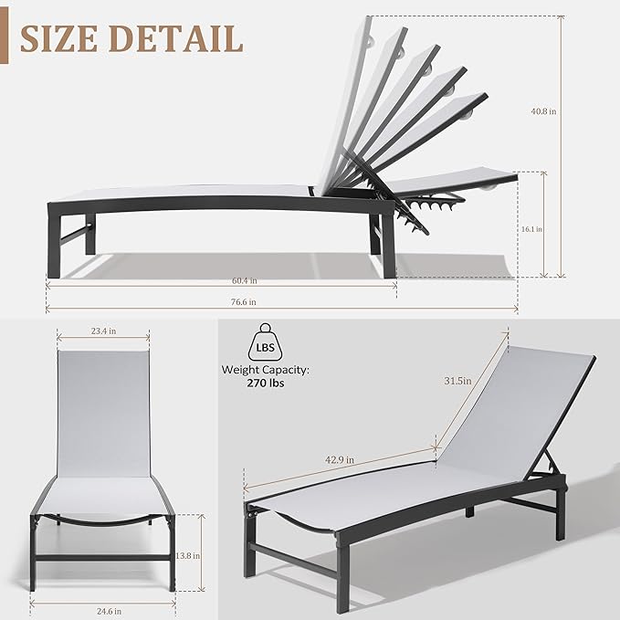 Chaise Lounge Chair, Set of 4 Outdoor Recliner Lounge Chair Sun Loungers, All Weather Chaise with 5 Adjustable Backrest and Lay Flat Positions for Garden, Balcony, Pool, Light Gray