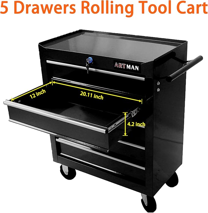 5 Large Drawers Rolling Tool Cart on Wheels, Trolley Organizer Tool Case Chest, Multifunctional Storage Tool Box for Workshop, Garage, Warehouse, Repair Shop (5 Drawers-29.3" H-Black)