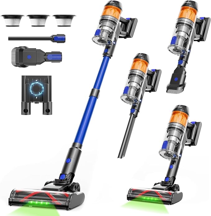 Cordless Vacuum Cleaners for Home, 500W 40Kpa Suction Lightweight Vacuum, 60-Min Runtime LED Display, 3 HEPA Filters & Brushes, 180° Lay-Flat, Anti-Tangle Brush, Wall-Mount Rechargeable,Blue