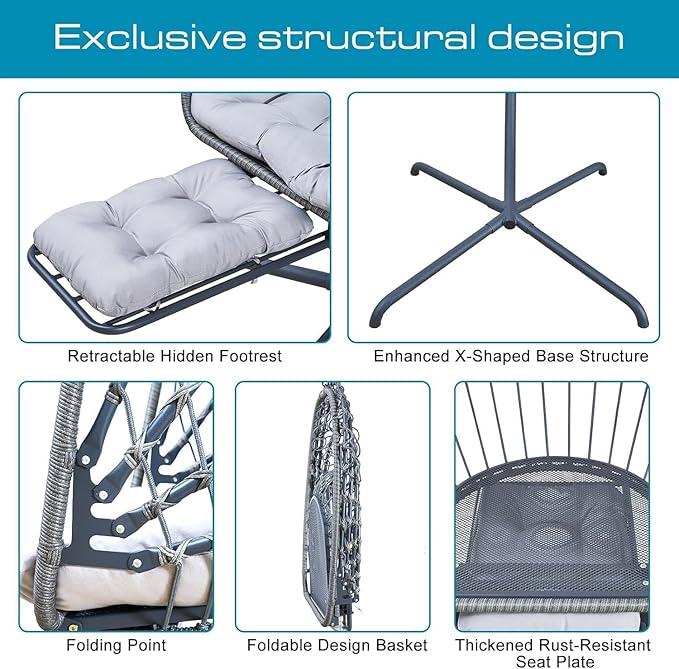 Hanging Egg Chair with Leg Rest and Stand – Rattan Wicker Swing Hammock Chair, UV-Resistant Cushion, Heavy-Duty Frame for Indoor & Outdoor Patio, Bedroom, Balcony, Garden – 330 lbs Capacity(Grey)