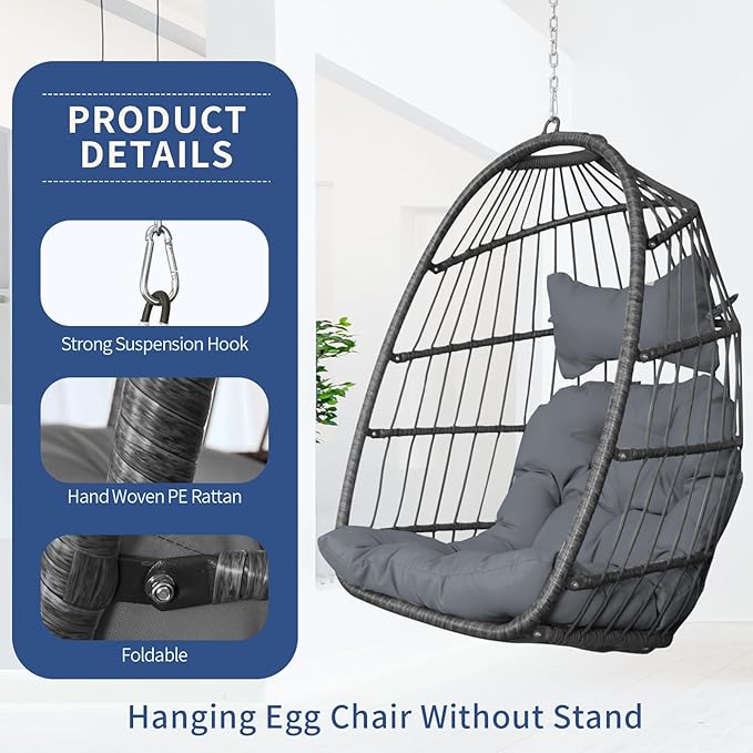 Nicesoul Patio Hanging Egg Chair No Stand, Foldable Ceiling Egg Basket Chairs Without Stand Indoor Outdoor, 350lbs Egg Shell Swing Hammock Chair with Cushion for Backyard, Balcony, Outside, Dark Grey