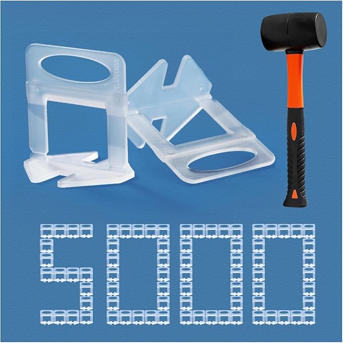 Tile Leveling System 1/16" Spacers Tile Leveler Clips DIY Tile Leveler Spacers 5000 Pcs and Tools Harden Rubber Mallet Hammer 16 oz for Professional Ceramic Tile and Stone Installation