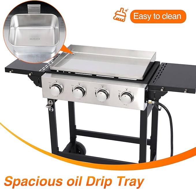 Portable 4-Burner Flat Top Grill with Folding Tabletop Design & Integrated Cart - 38,200 BTU Propane Griddle for Outdoor Cooking, Camping, Tailgating