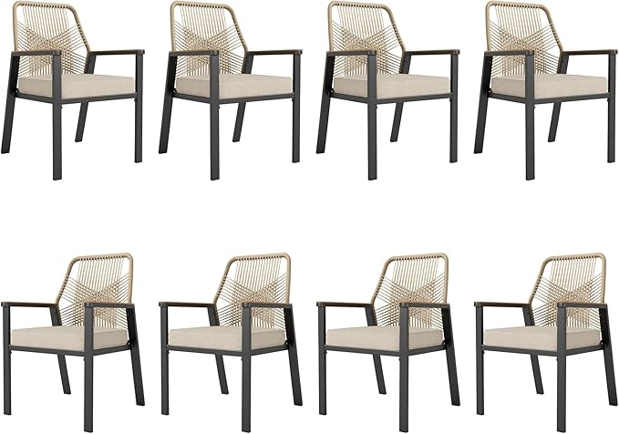 HERA'S HOUSE Patio Chairs Set of 8, 36.6" Rattan Dining Chairs with Heavy-Duty Wrought Iron Metal Frame Support 300lbs, All-Weather Outdoor Chair for Garden Lawn Backyard Kitchen Deck