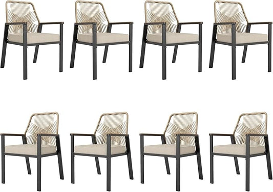 HERA'S HOUSE Patio Chairs Set of 8, 36.6" Rattan Dining Chairs with Heavy-Duty Wrought Iron Metal Frame Support 300lbs, All-Weather Outdoor Chair for Garden Lawn Backyard Kitchen Deck