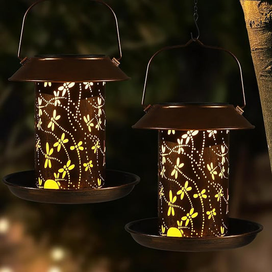 Bird Feeders for Outdoors Dragonfly Solar Lanterns Outdoor Waterproof Garden Decor Gifts for Women Mom Grandma Metal Solar Decoration Outside LED Lanterns for Yard, Patio, Lawn, Pathway(2 Pack)