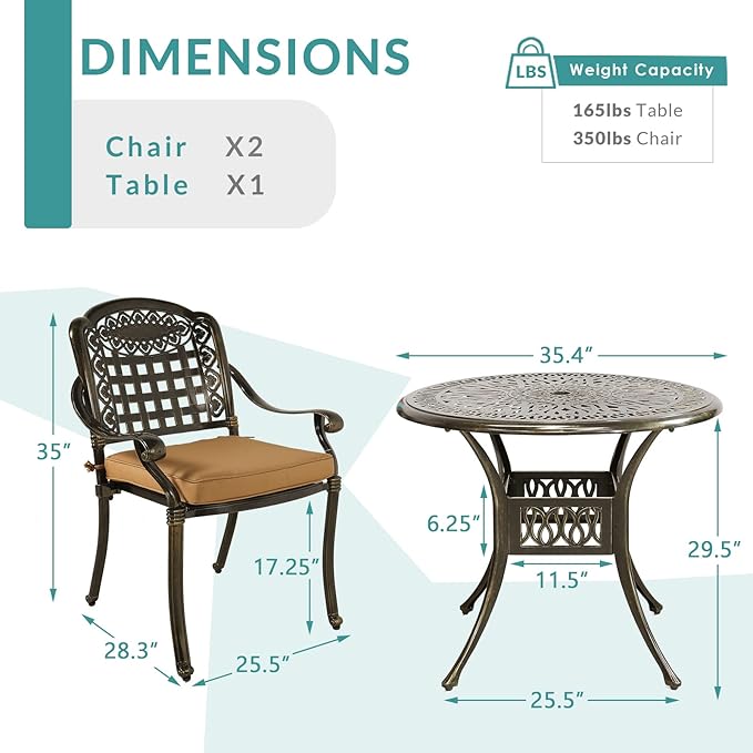 MEETWARM 3 Piece Patio Bistro Set, Outdoor All-Weather Cast Aluminum Dining Furniture Set Includes 2 Chairs with Cushions and a 35.4” Round Table with Umbrella Hole for Garden Deck