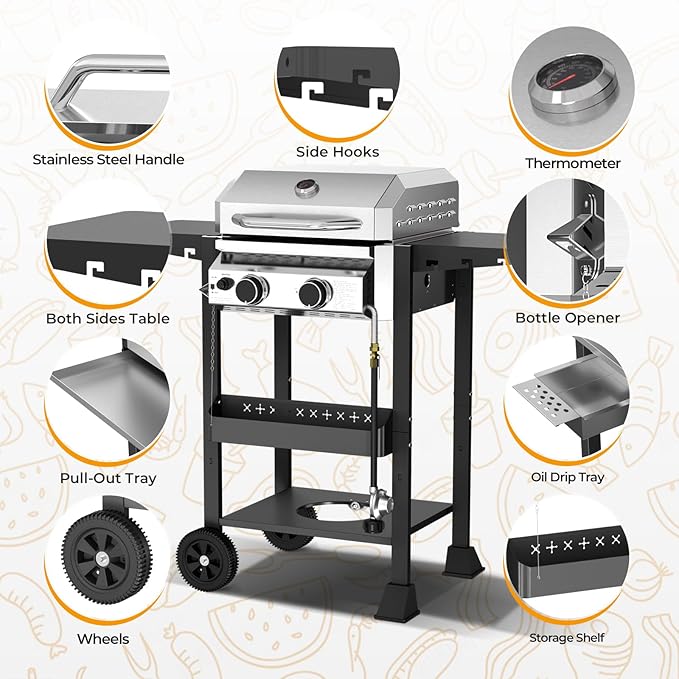 R.W.FLAME G20B Propane Gas Grill with 2-Burner, 16000 BTU Stainless Steel Outdoor BBQ Grill for Cooking with Top Cover Lid,Wheels,Side Storage Shelves,hooks Portable Barbeque for Patio Garden Camping