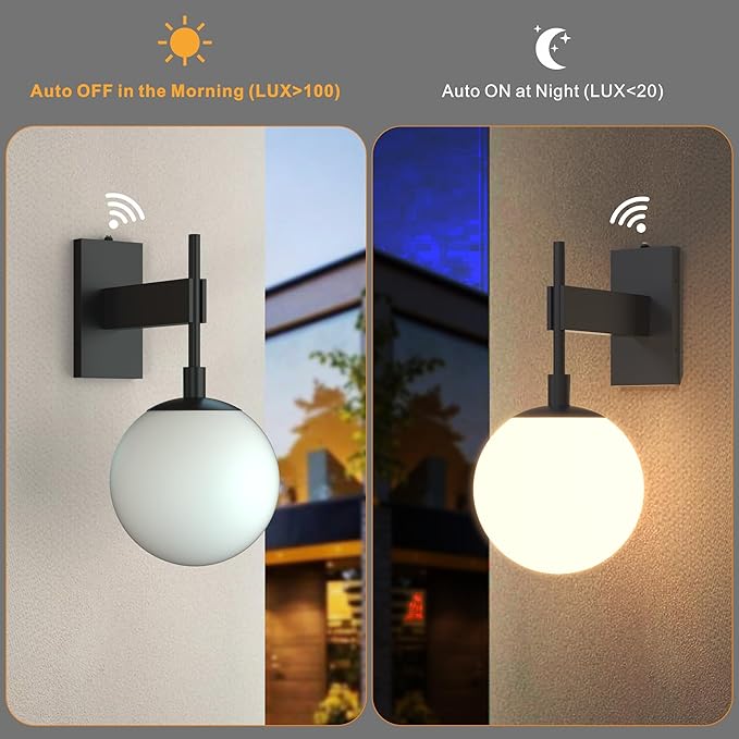 Hyunbae Dusk to Dawn Outdoor Wall Sconces, Modern Exterior Sensor Front Porch Light, 18.9" Globe Large Outdoor Wall Lighting, Waterproof Outside Lights for House, Doorway, Garage, E26, IP65