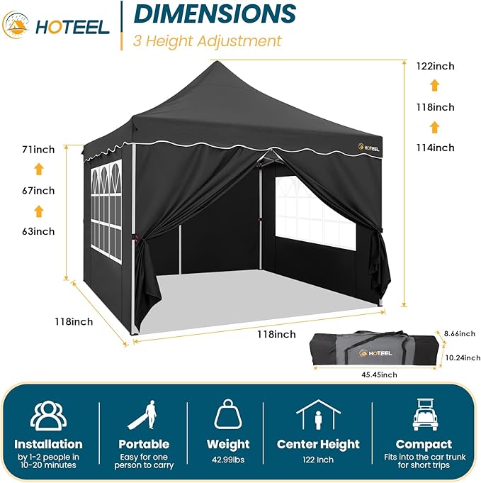 HOTEEL Canopy Tent 10x10 Pop Up Canopy with 4 Removable Sidewalls, Sandbags, Stakes & Ropes, UPF 50+ Easy Setup Event Shelter Waterproof Outdoor Instant Portable Gazebo for Party, Vendor, Black
