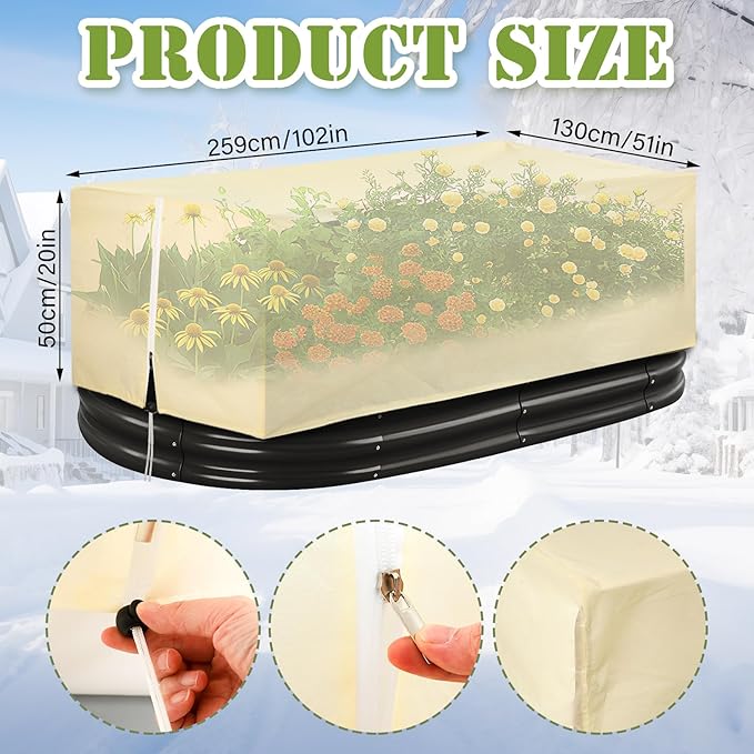 2 Pcs 102" x 51" Raised Garden Bed Cover for Winter Large Plant Covers Freeze Protection with Zipper Drawstring Frost Cloth Blanket Protection Box Bags for Garden Outdoor Plants Bush