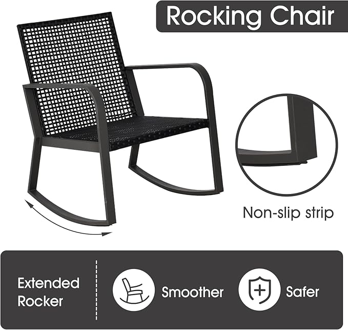 Bistro 3 Piece Patio Furniture Set, Patio Table and Rattan Outdoor Rocking Chairs Set of 2, Outdoor Bistro Conversation Set for Garden, Balcony, Poolside, Backyard, Blue