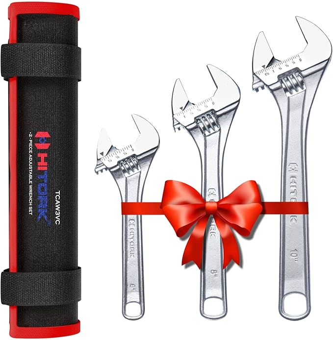 Hitork 3-Piece Adjustable Wrench Set 6-Inch, 8-Inch, 10-Inch, Chrome-Plated Cr-V Steel, Wide Opening Jaws, Laser Etched SAE & Metric Scale, Polished Head, Smooth Knurl, Roll Pouch Included