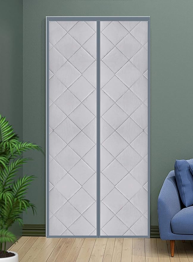 Magnetic Thermal Insulated Blackout Door Curtain Storm Wind Fleece Insulation Curtian Magnetic Screen Door with Thermal and Insulated Waterproof Noise Reduce 37"x78" Inch PU Leather Silver