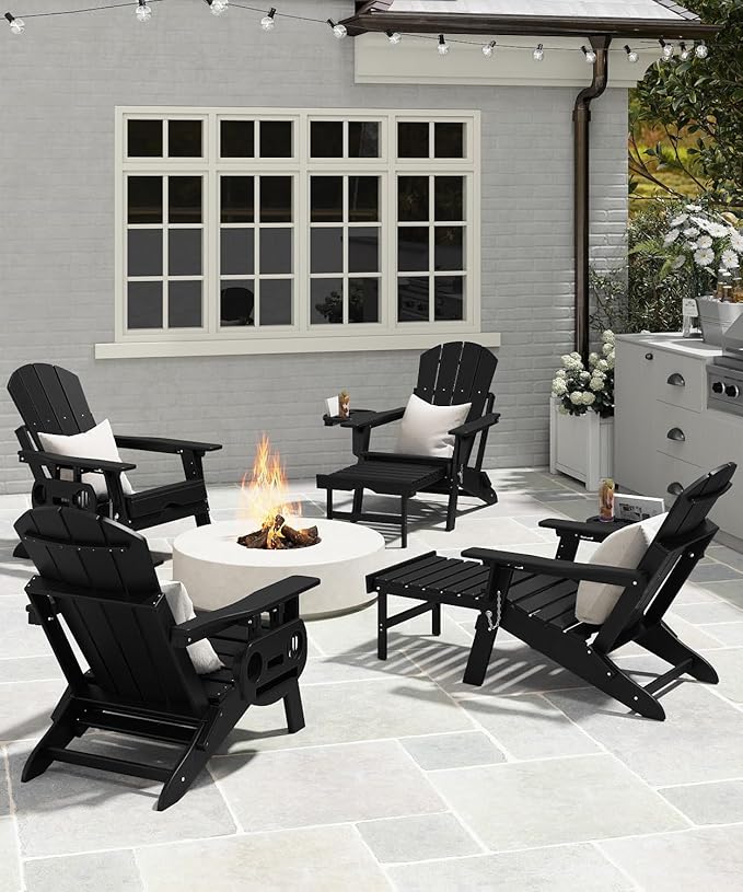 Adjustable Adirondack Chair with Retractable Ottoman Set of 6, HDPE Folding Adirondack Chair with Cup Holder, All Weather Fire Pit Chair for Outdoor.