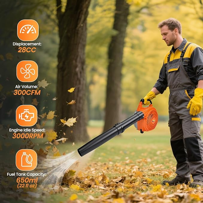28cc Gas Leaf Blower, 1.1HP 2-Stroke Handheld Blower, 460 CFM 160 MPH High-Performance Air Volume, Lightweight Design for Lawn, Yard, and Driveway Cleanup