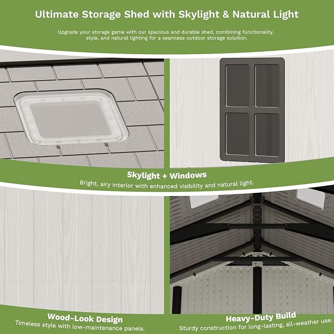 Patiowell 10 x 8 FT Outdoor Storage Shed, Plastic Shed with Floor and Skylight, Resin Storage Shed with Four-Window and Lockable Door for Garden, Patio, Backyard, Beige