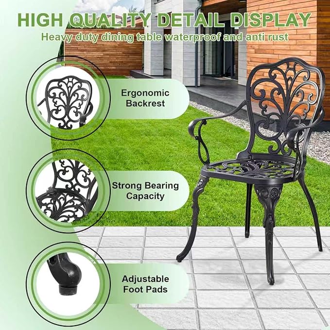 3 Piece Patio Bistro Set,Cast Aluminum Outdoor Bistro Table and Chair Set of 2 with 1.97" Umbrella Hole,All Weather Patio Furniture Set for Garden,Porch(Black)
