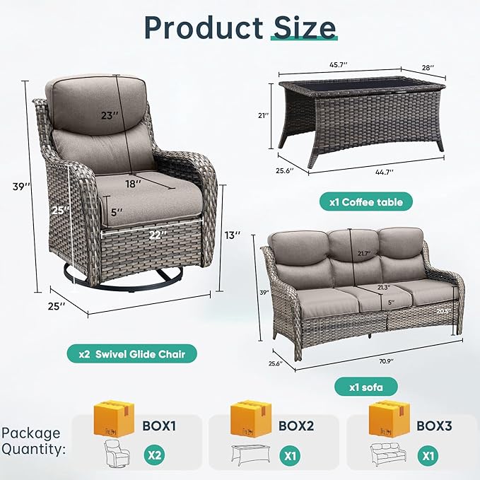 Outdoor Swivel Rocker Patio Chairs Set of 4 with Sofa - 5" Thick Cushion 4 Piece Furniture Set with Sofa All Weather Wicker Conversation Set for Porch Deck - Gray/Gray