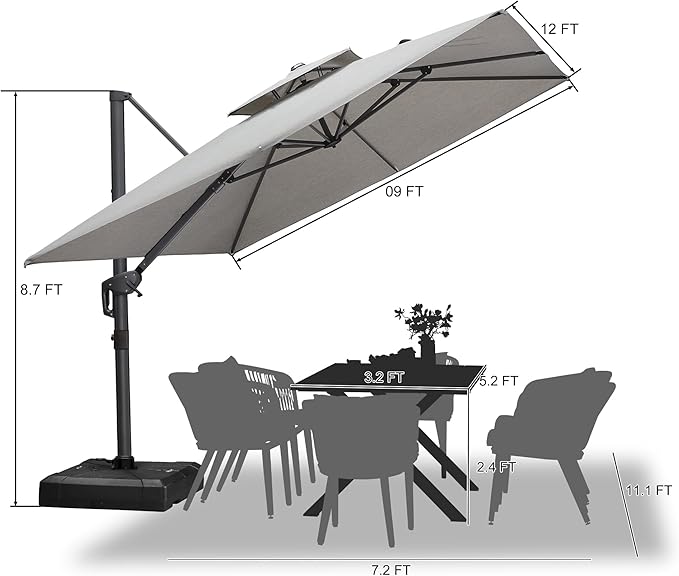 PURPLE LEAF 9' X 12' Double Top Cantilever Patio Umbrella Deluxe Large Outdoor Umbrella Rectangle Offset Umbrella with Fade Resistance for Garden Deck Pool Patio, Pebble Grey