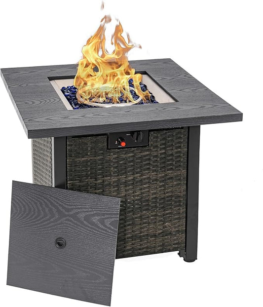 Sundale Outdoor 28 Inch Outdoor Fire Pit Table, 50000 BTU Propane Fire Pits with Rain Cover, Glass Stones and Lid, Wicker Gas Fire Pit for Outside Patio and Garden, CSA-Listed