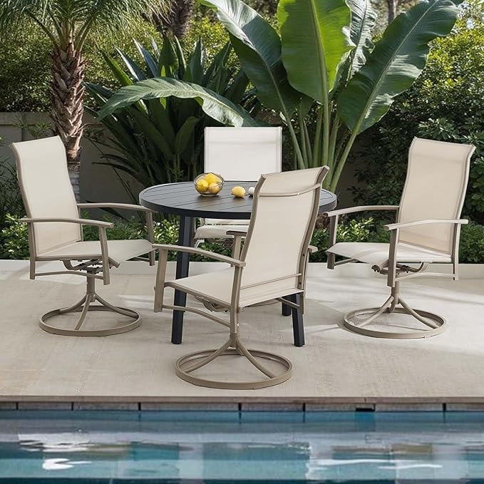 Patio Swivel Chairs Set of 4, Outdoor Swivel Chairs with Armrest, High Back Patio Chair with Metal Frame, All-Weather Outdoor Dining Chair for Deck, Porch and Lawn, Ivory Beige