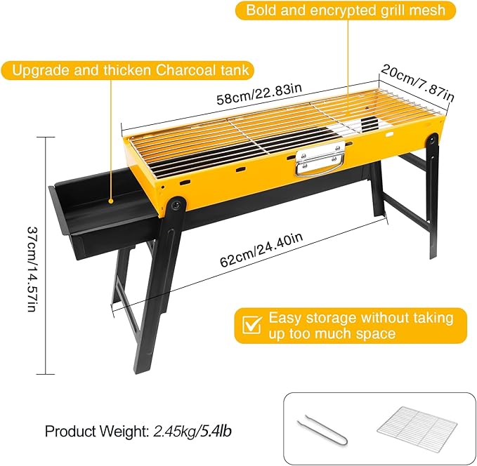 Portable Charcoal Grill, Portable Tabletop BBQ for Outdoor Cooking | Compact Folding Grill for Camping, Hiking, Picnics & Travel | 24”x13”x9” Lightweight Smoky Flavor Grill