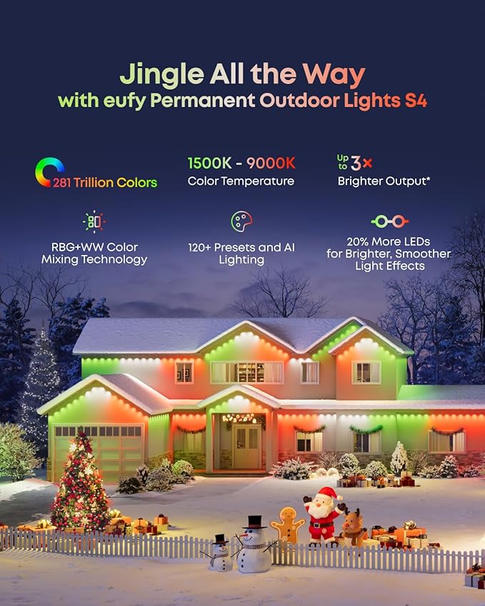 eufy Permanent Outdoor Lights S4, 3D Radar-Activated, 100ft with 72 LED Lights, Smart RGBWW for Halloween and Christmas Decorations, AI Light Themes, Music Mode, Matter Support, IP67 Waterproof