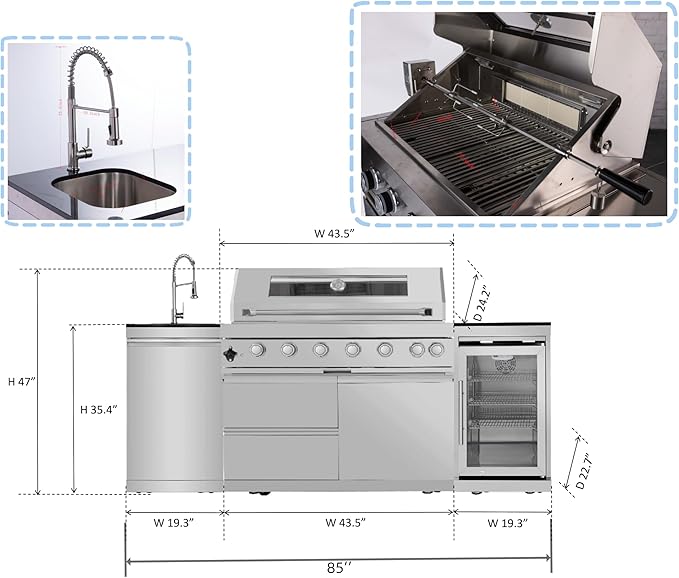85 Inches 6-Burner 85000 BTU Deluxe Stainless Steel Propane Gas Outdoor Kitchen Bar Barbecue Island Grill with Wine Cooler, Compact Refrigerator, Rotisserie, Granite Countertops & Storage, Silver