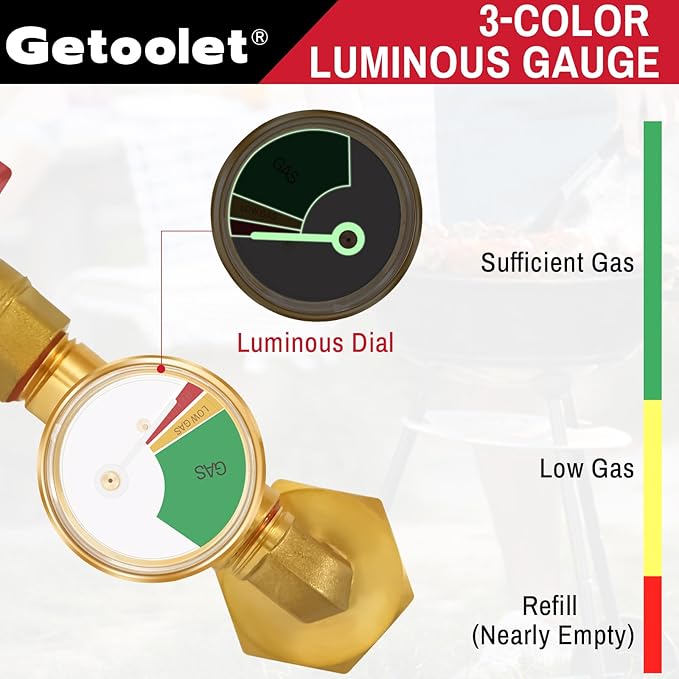 Propane Refill Adapter for 1 lb. Tanks, Propane Refill Elbow Adapter with Valve and Gauge, Brass Propane Adapter 20lb to 1lb Converter with 4 Caps for 1 Pound Propane Bottles