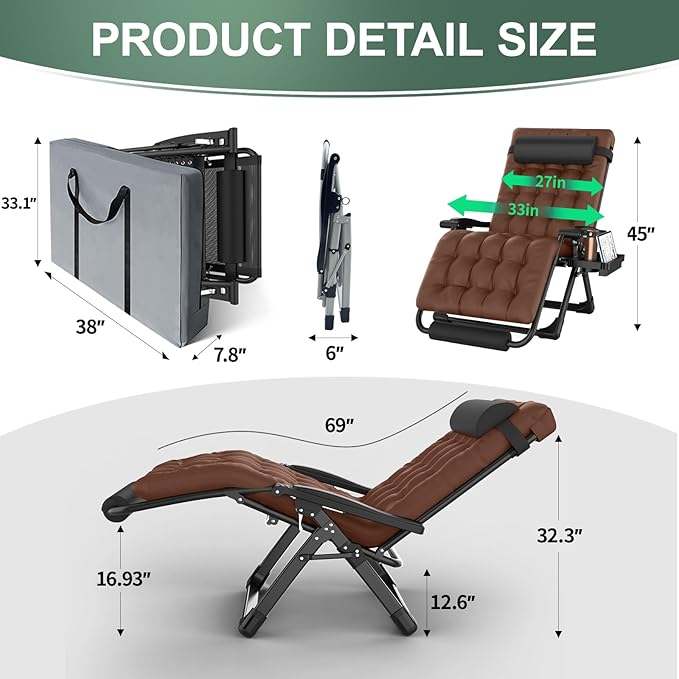 XXL Zero Gravity Lounge Chair 33", Oversized Padded Folding Recliner for Patio with Storage Bag, Removable Cushion, Footrest, Full Aluminum Lock & Large Cup Holder, Supports 500 lbs, Brown