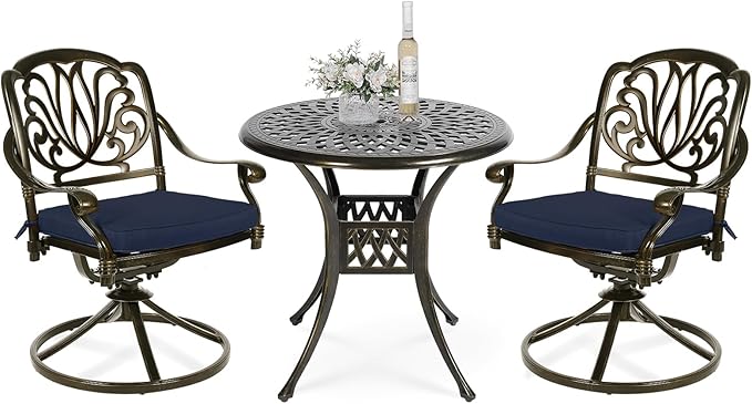 VIVIJASON 3-Piece Patio Furniture Dining Set, Outdoor All-Weather Cast Aluminum Bistro Set, Include 2 Swivel Chairs and 31" Round Table w/Umbrella Hole for Balcony, Lawn, Garden (Navy Blue Cushion)