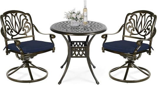 VIVIJASON 3-Piece Patio Furniture Dining Set, Outdoor All-Weather Cast Aluminum Bistro Set, Include 2 Swivel Chairs and 31" Round Table w/Umbrella Hole for Balcony, Lawn, Garden (Navy Blue Cushion)