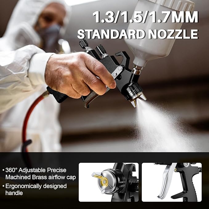 LVLP Air Spray Gun Premium Kit with 1.3/1.5/1.7mm Nozzle & Air Regulator,Automotive Paint Sprayer, for Cars & House DIY Painting Gun(Black)