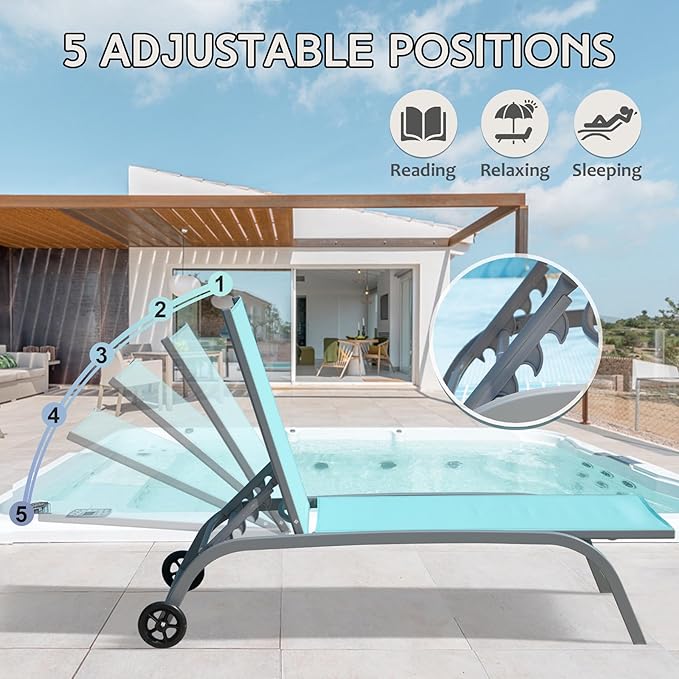 Domi Pool Lounge Chairs Set of 3, Adjustable Aluminum Outdoor Chaise Lounge with Wheels Patio Lounge Chairs with Side Table, All Weather for Deck Lawn Poolside Backyard-Turquoise Blue Textilene
