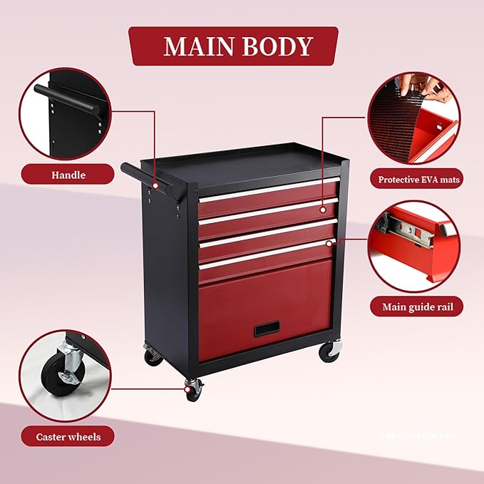 4 Drawers 1 Cabinet Rolling Tool Box on Wheels, Trolley Organizer Tool Cart Tool Chest, Multifunctional Tool Storage Tool Case for Workshop,Garage,Repair Shop(4 Drawers-29.5"H-Black&Red)