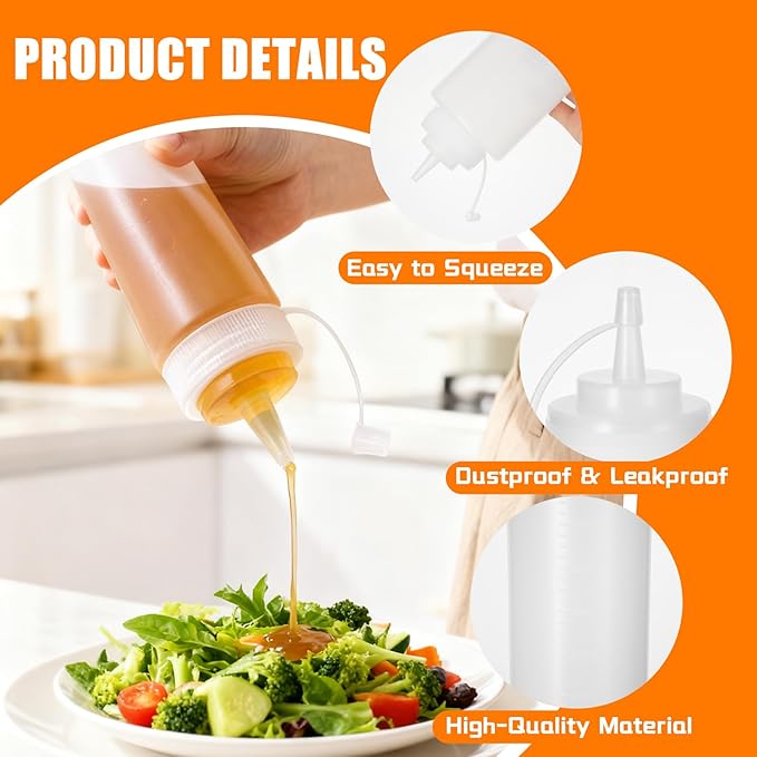 10 Pcs 32 oz Plastic Squeeze Bottles Clear Large Condiment Squeeze Bottles for Sauces Pancake Ketchup Syrup Squirt Condiment Dispenser with Caps Restaurant with 10 Stickers and 1 Pen