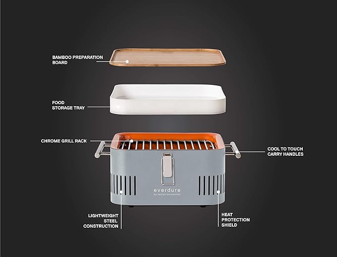 Everdure CUBE Portable Charcoal Grill, Tabletop BBQ, Perfect Tailgate, Beach, Patio, or Camping Grill, Lightweight & Compact Small Grill with Preparation Board & Food Storage Tray, Stone