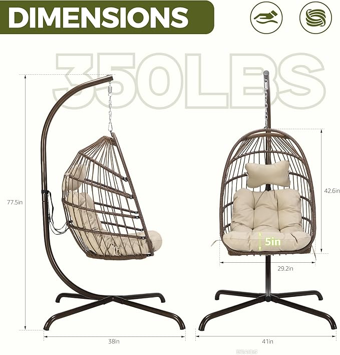 RADIATA Modern Hanging Egg Chair with Stand, Outdoor Wicker Swing Hammock Chair with Padded Cushion, 350Lbs Free-Standing Eggshell Basket Seat for Garden Patio Balcony Indoor Reading Nook, Brown