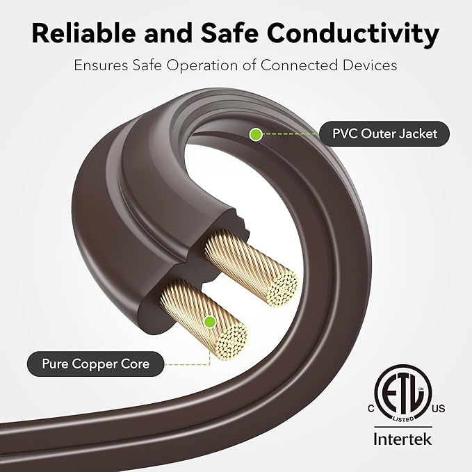 BN-LINK 9ft Indoor Extension Cord, 2 Pack, 3-Outlet Polarized Flat Cable, Household Power Cord for Home, Office, and Holiday Decorations, Brown