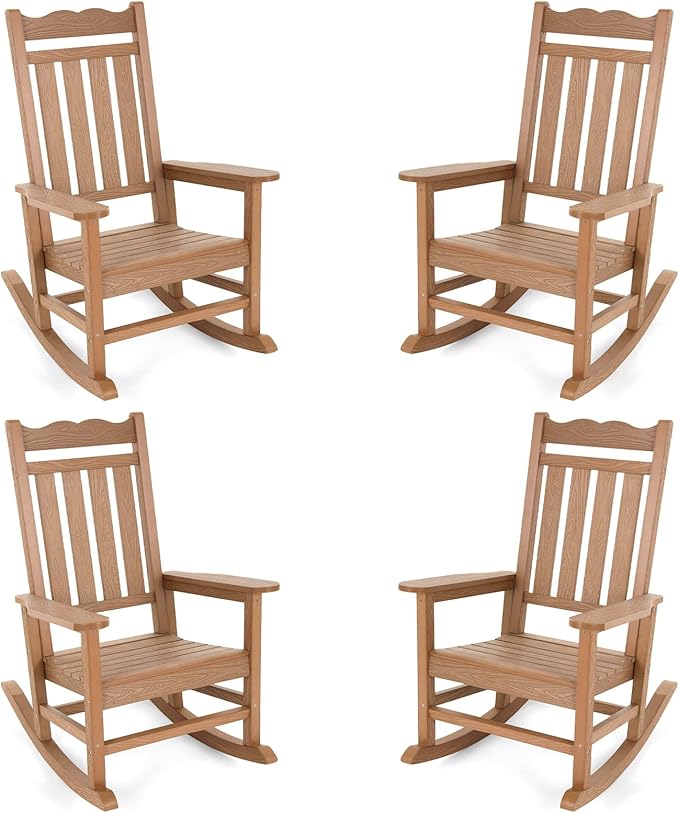 Stoog All-Weather Patio Rocking Chairs Set of 4, Porch Rocker with 400 lbs Weight Capacity, Front Porch Rocking Chairs for Both Outdoor and Indoor, Teak