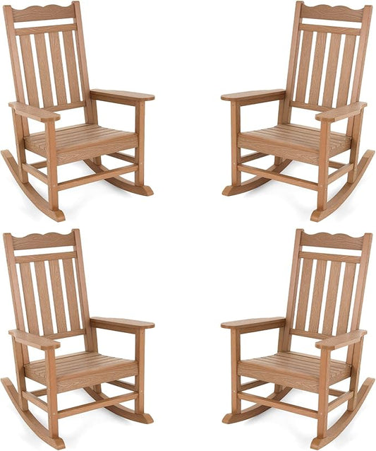Stoog All-Weather Patio Rocking Chairs Set of 4, Porch Rocker with 400 lbs Weight Capacity, Front Porch Rocking Chairs for Both Outdoor and Indoor, Teak