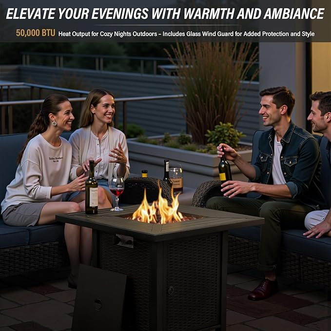 Belord 5 Piece Outdoor Patio Furniture Set with 50000 BTU Propane Fire Pit Table, Deep Seating Wicker Swivel Rocker Chairs and Loveseat Glider Patio Conversation Set for Poolside Deck Backyard Black