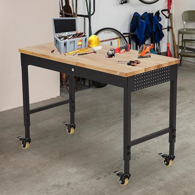 72"x25" Garage Workbench - 2000LB Capacity Work Bench with Rubberwood Top, Locking Wheels & Power Outlets, 27.8"-39.5" Height, Heavy-Duty Adjustable Workbench for Workshop/Home DIY