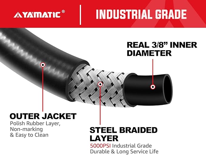 YAMATIC 5000PSI 3/8" Pressure Washer Hose 125FT with Stainless Steel Quick Connector, Rubber Power Washer Replacement Hose, Steel Wire Braided, Compatible with Simpson, Craftsman, Champion